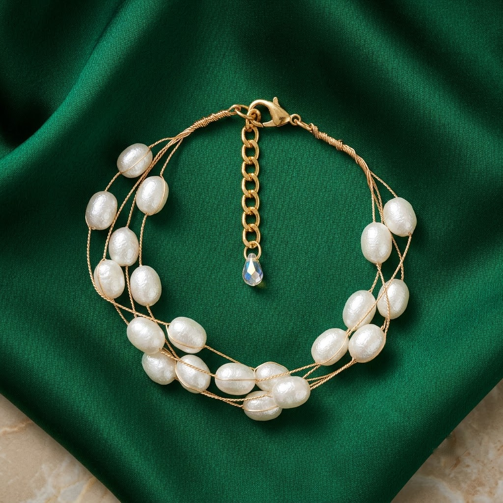 Gold-Tone Multi-Strand Textured Rice Pearl Bracelet | Lady Zone