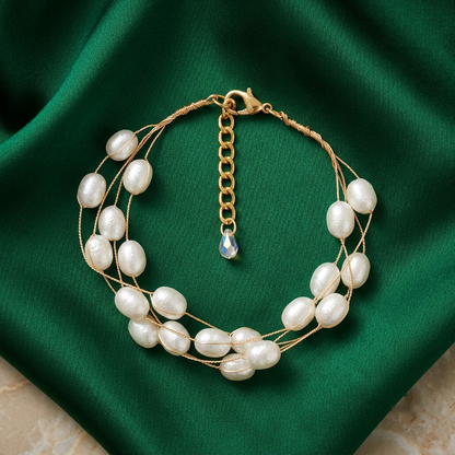 Gold-Tone Multi-Strand Textured Rice Pearl Bracelet | Lady Zone