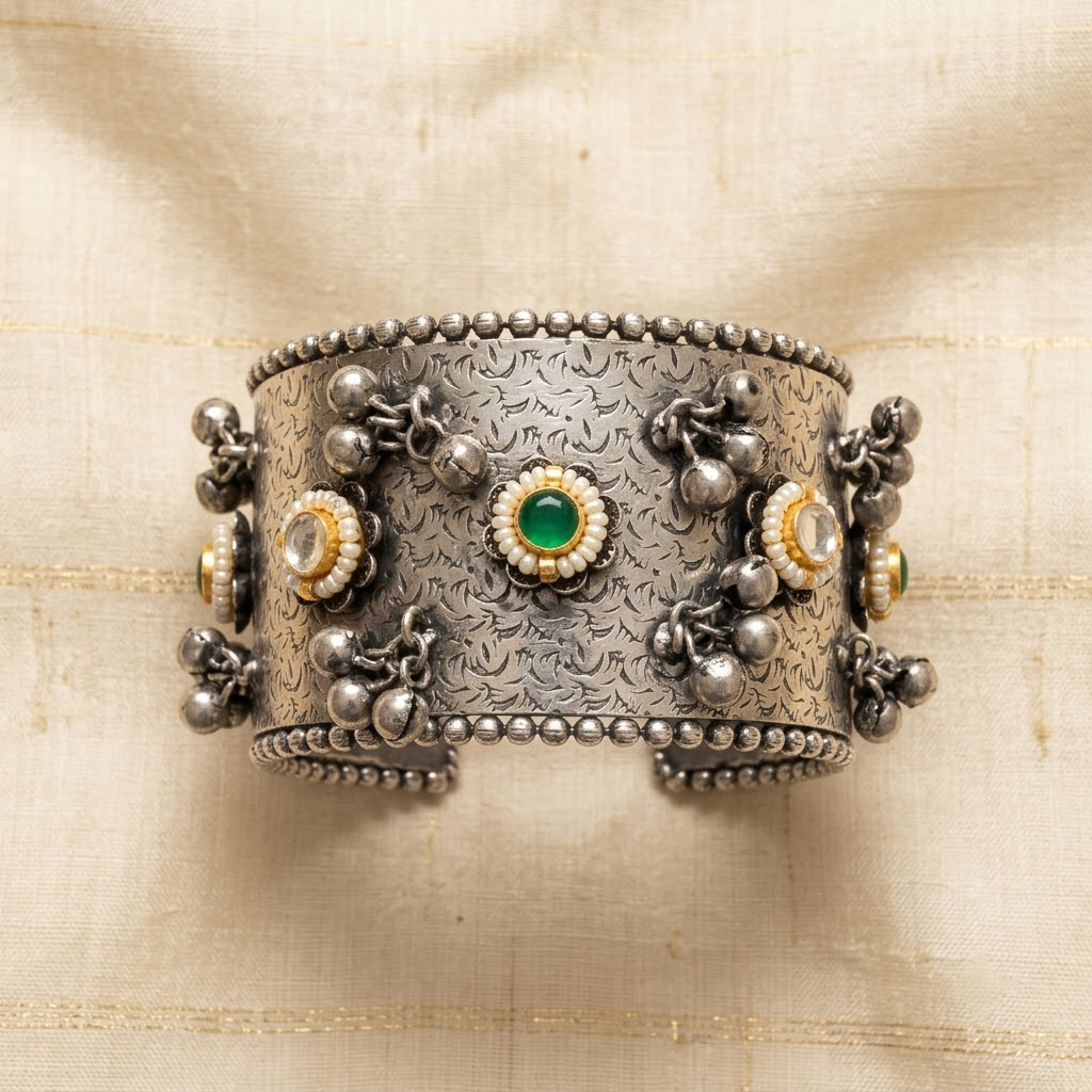 German Silver Emerald Stone & Bell Cuff Bracelet | Lady Zone