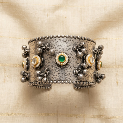 German Silver Emerald Stone & Bell Cuff Bracelet | Lady Zone