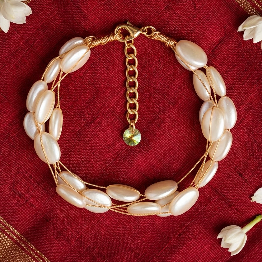 Gold-Tone Multi-Strand Flat Oval Pearl Bracelet | Lady Zone