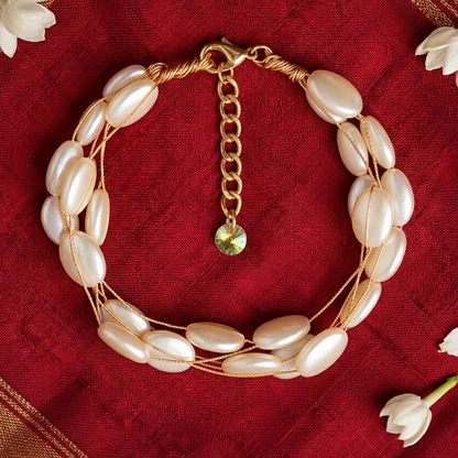 Gold-Tone Multi-Strand Flat Oval Pearl Bracelet | Lady Zone