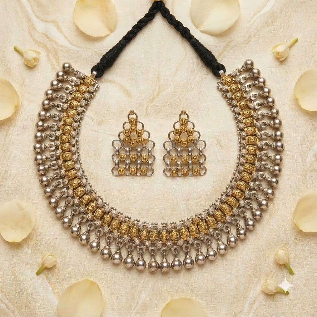 German Silver Two-Tone Bead & Mesh Statement Necklace Set | Lady Zone