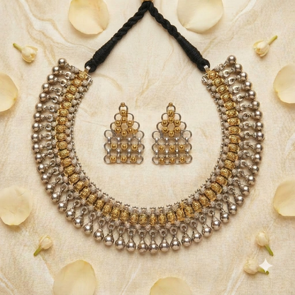 German Silver Two-Tone Bead & Mesh Statement Necklace Set | Lady Zone