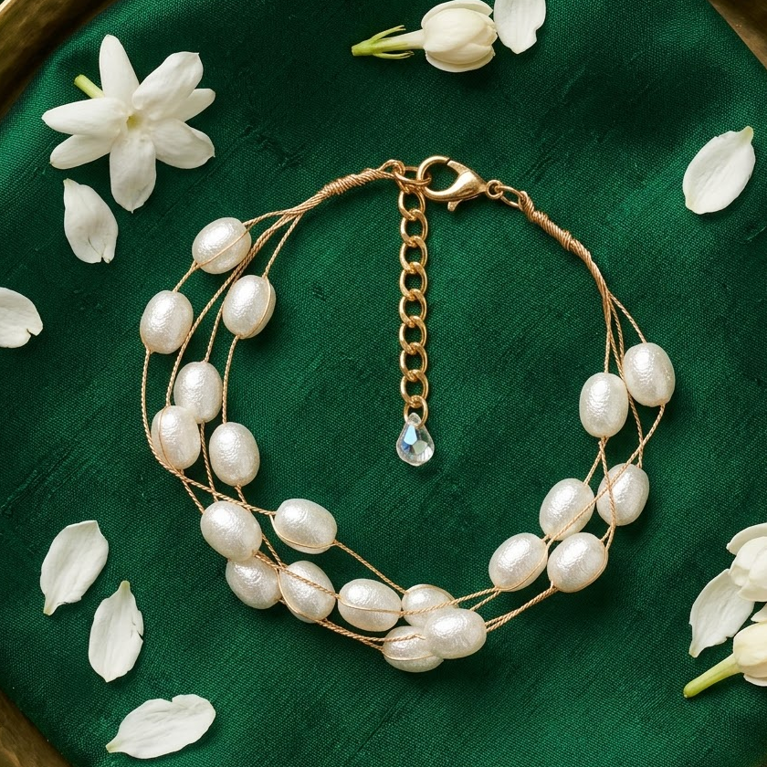 Gold-Tone Multi-Strand Textured Rice Pearl Bracelet | Lady Zone