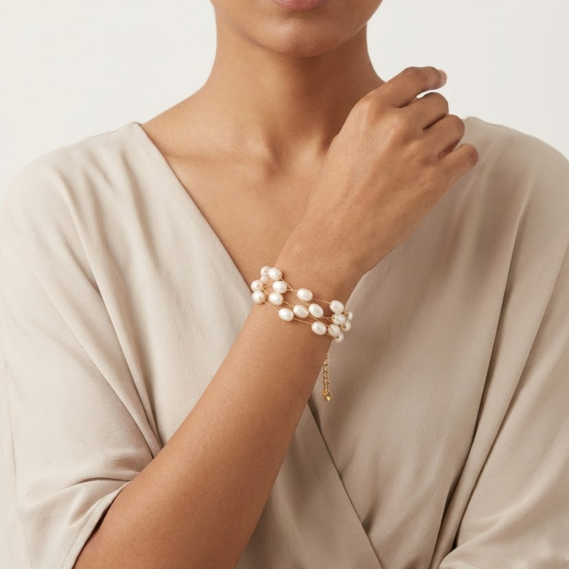 Gold-Tone Multi-Strand Textured Rice Pearl Bracelet | Lady Zone