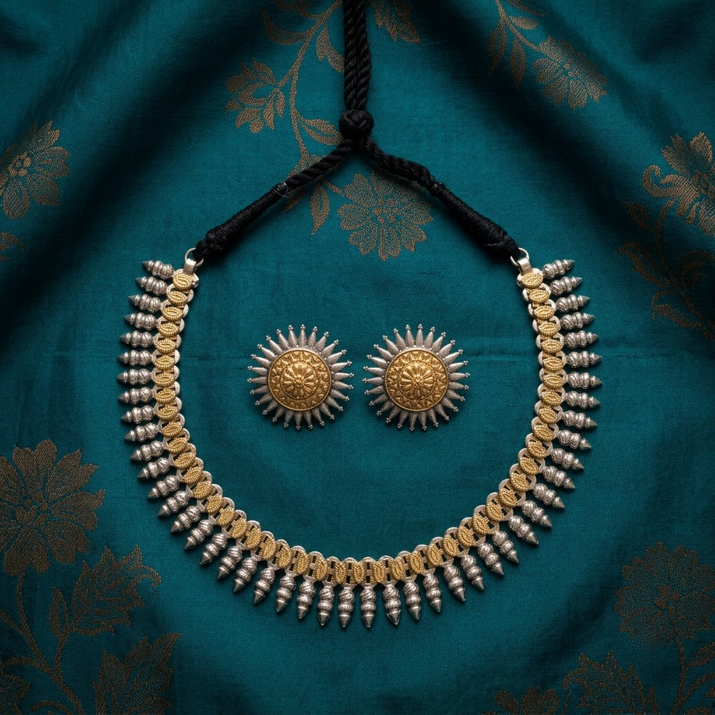 German Silver Two-Tone Sunburst Temple Necklace & Earring Set | Lady Zone