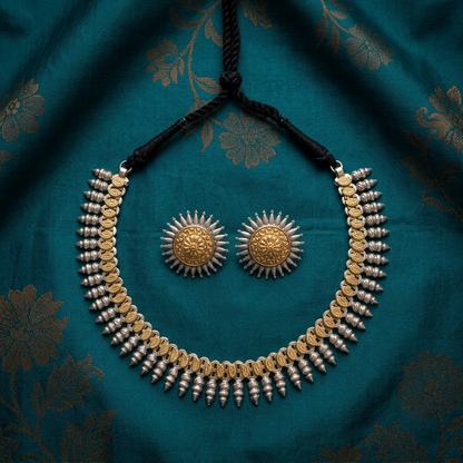 German Silver Two-Tone Sunburst Temple Necklace & Earring Set | Lady Zone