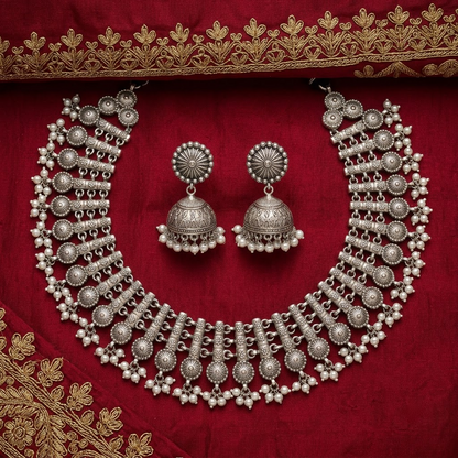 German Silver Intricate Coin & Pearl Necklace Set | Lady Zone