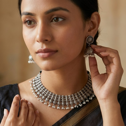 German Silver Intricate Coin & Pearl Necklace Set | Lady Zone