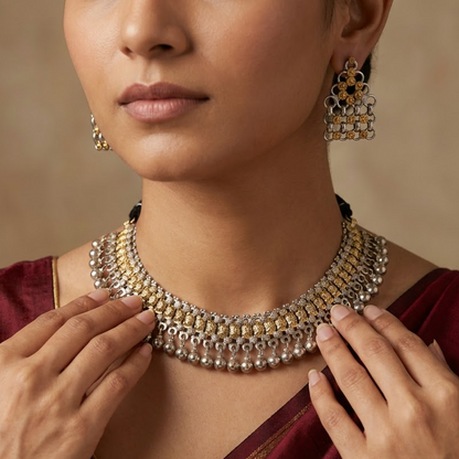 German Silver Two-Tone Bead & Mesh Statement Necklace Set | Lady Zone