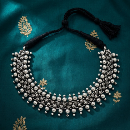 Oxidized Silver Beaded Floral Statement Collar Necklace | Lady Zone