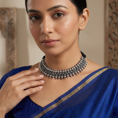 Oxidized Silver Beaded Floral Statement Collar Necklace | Lady Zone