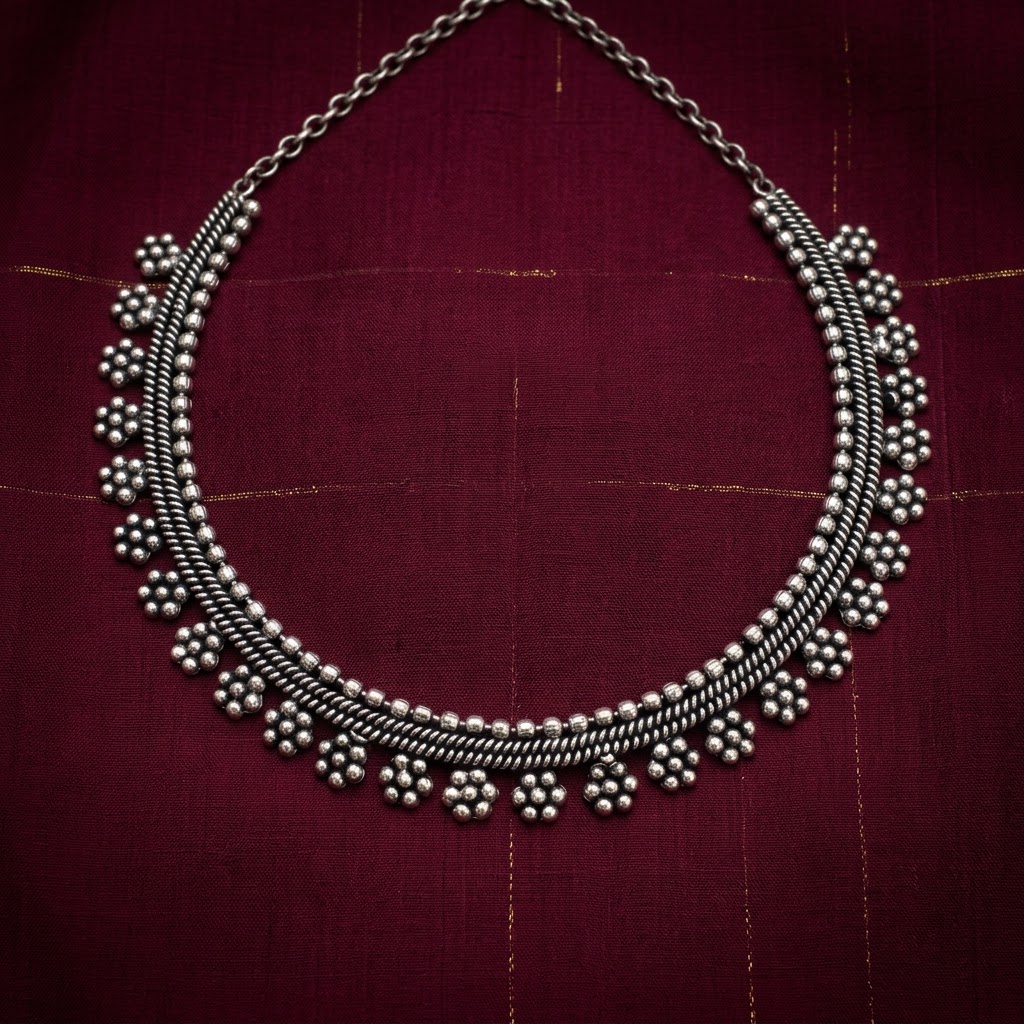 Oxidized Beaded Rope & Floral Cluster Necklace | Lady Zone