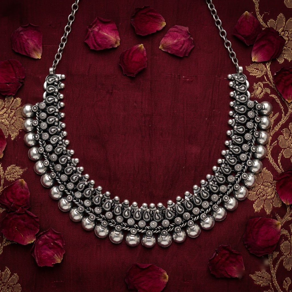 Oxidized Silver Paisley & Bead Collar Necklace | Lady Zone