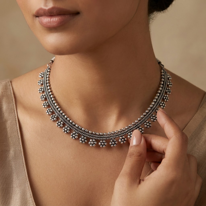 Oxidized Beaded Rope & Floral Cluster Necklace | Lady Zone
