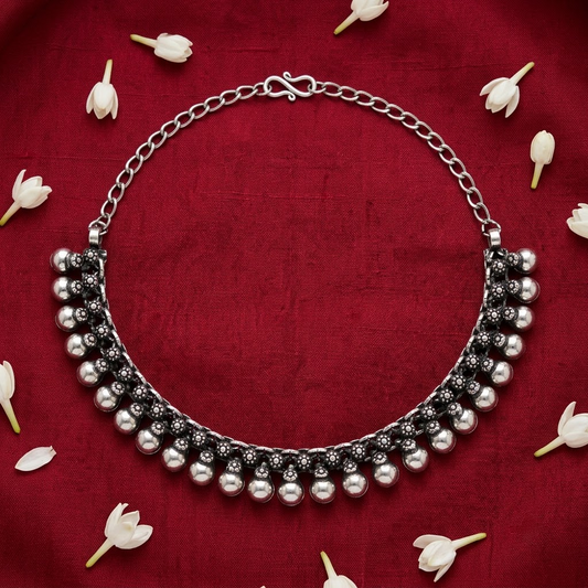 Oxidized Beaded Fringe & Floral Collar Necklace | Lady Zone