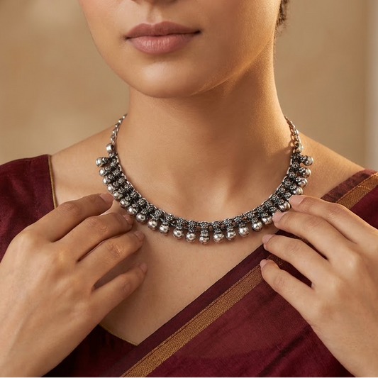 Oxidized Beaded Fringe & Floral Collar Necklace | Lady Zone