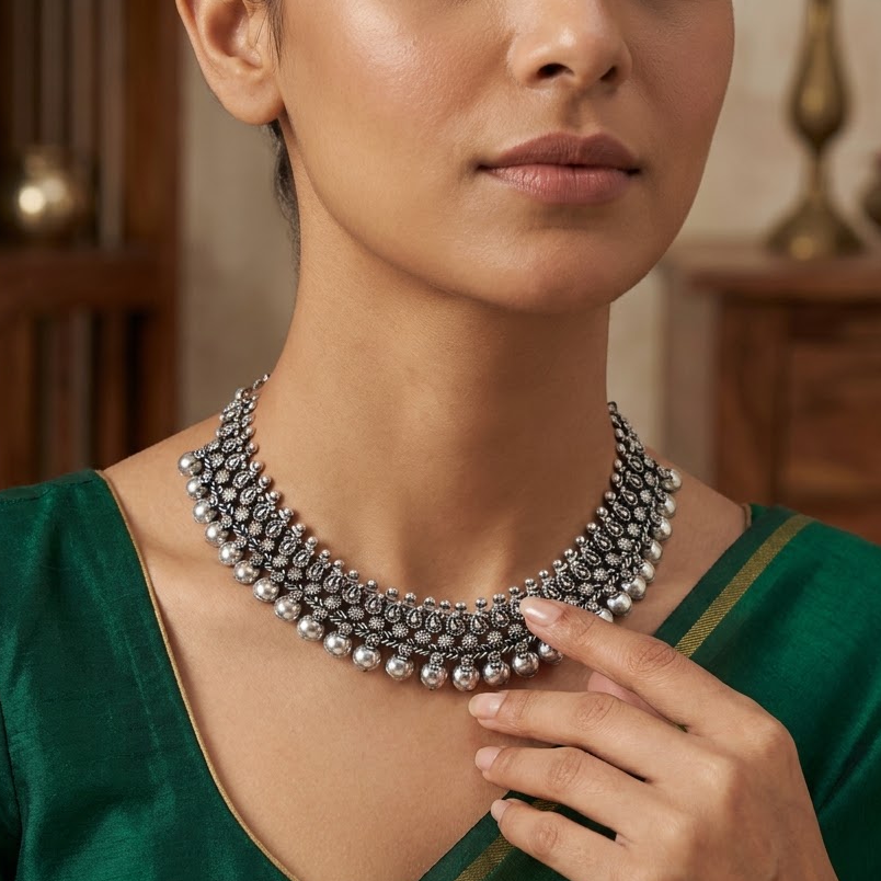 Oxidized Silver Paisley & Bead Collar Necklace | Lady Zone
