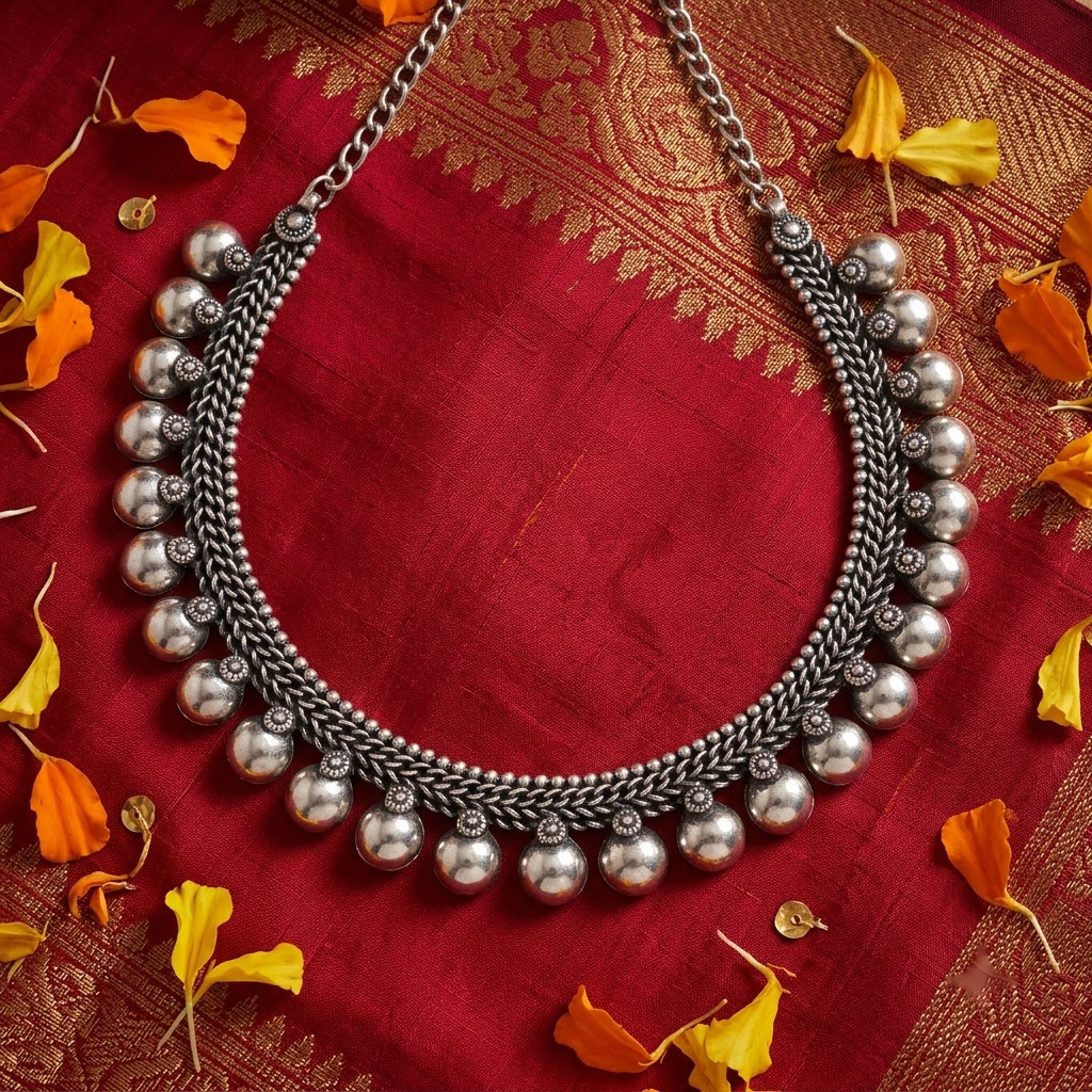 Oxidized Silver Braided Chain & Ghungroo Bead Necklace | Lady Zone