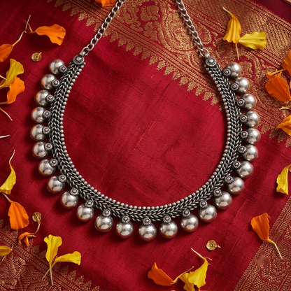 Oxidized Silver Braided Chain & Ghungroo Bead Necklace | Lady Zone