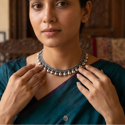 Oxidized Silver Braided Chain & Ghungroo Bead Necklace | Lady Zone