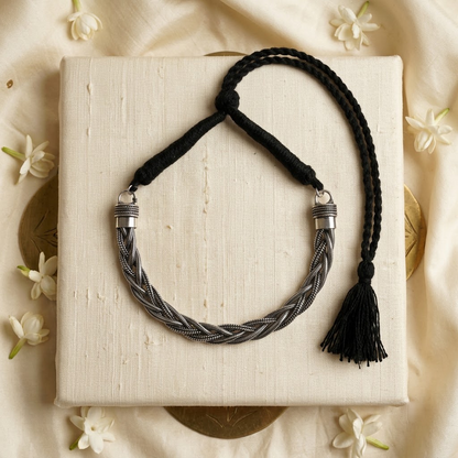 Oxidized Silver Woven Mesh Choker with Black Thread Cord | Lady Zone