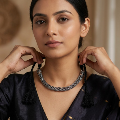 Oxidized Silver Woven Mesh Choker with Black Thread Cord | Lady Zone
