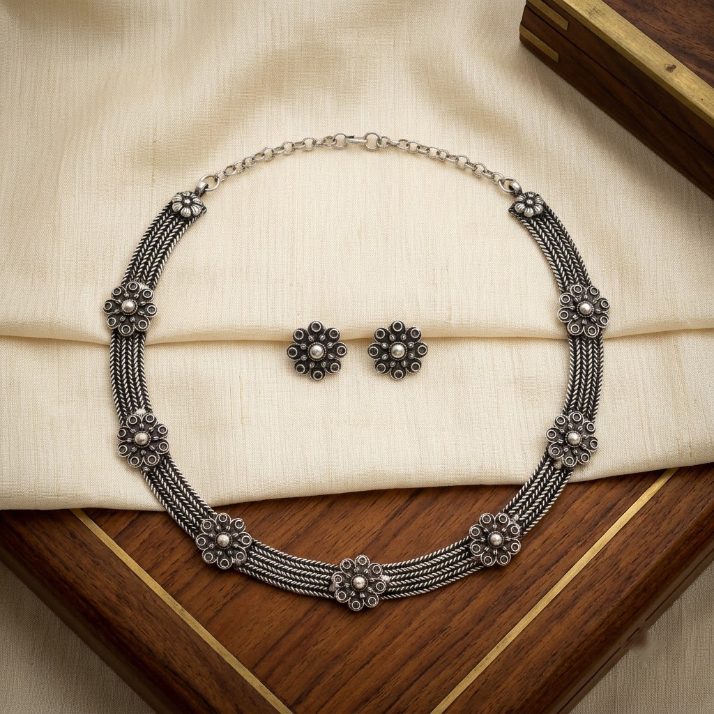 Oxidized Silver Braided Wire & Floral Stud Necklace Set | Lady Zone