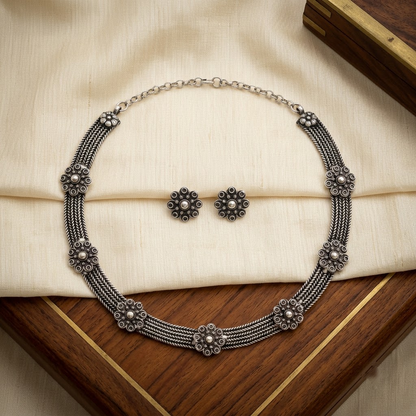 Oxidized Silver Braided Wire & Floral Stud Necklace Set | Lady Zone