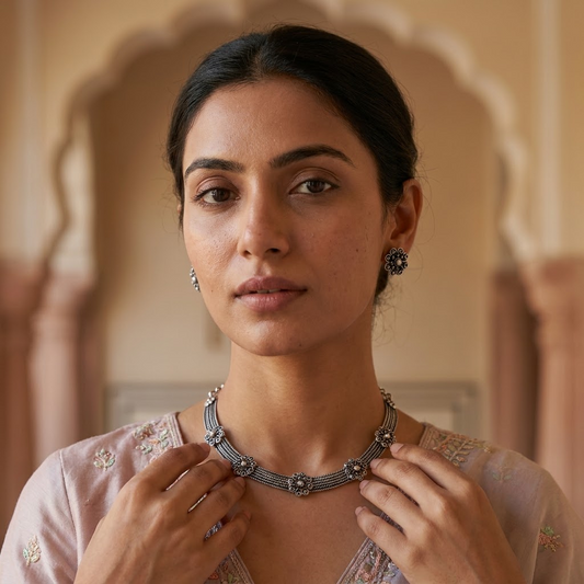 Oxidized Silver Braided Wire & Floral Stud Necklace Set | Lady Zone