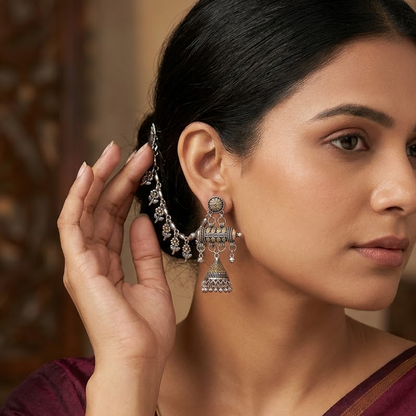 German Silver Two-Tone Jhumka Ear Chain Drop Earrings(Kanser) | Lady Zone