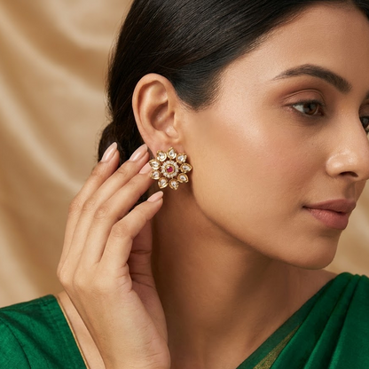 Gold-Tone Polki & Emerald Floral Cluster Stud Earrings | Lady Zone