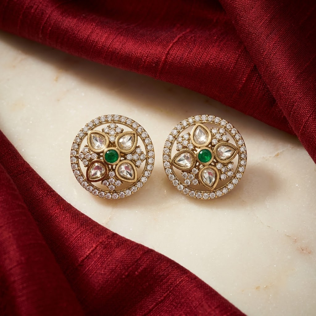 Gold-Tone Polki & Ruby Floral Stud Earrings | Lady Zone
