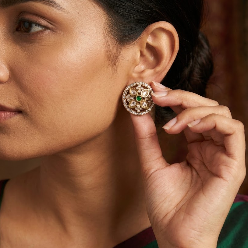 Gold-Tone Polki & Ruby Floral Stud Earrings | Lady Zone