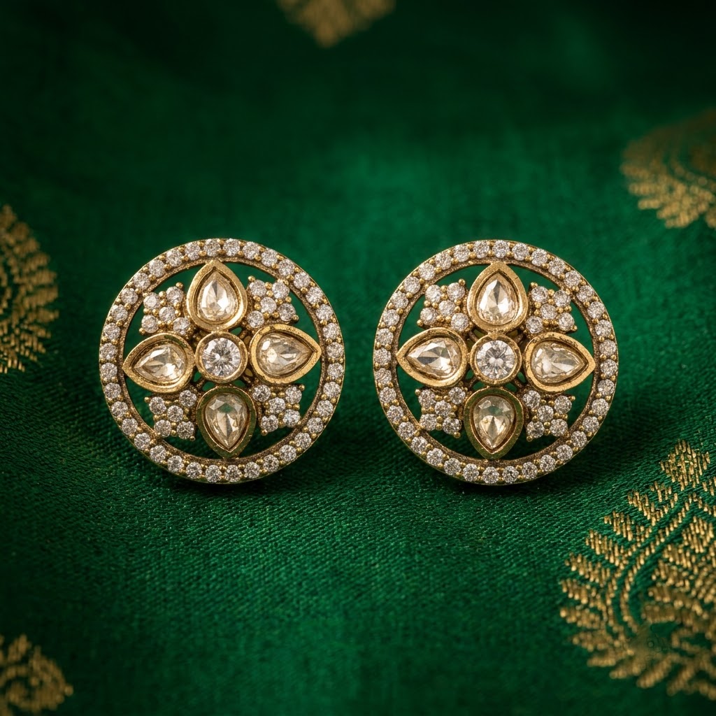 Gold-Tone Polki & Ruby Floral Stud Earrings | Lady Zone