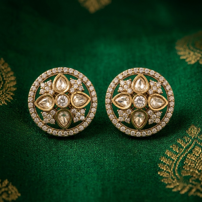 Gold-Tone Polki & Ruby Floral Stud Earrings | Lady Zone