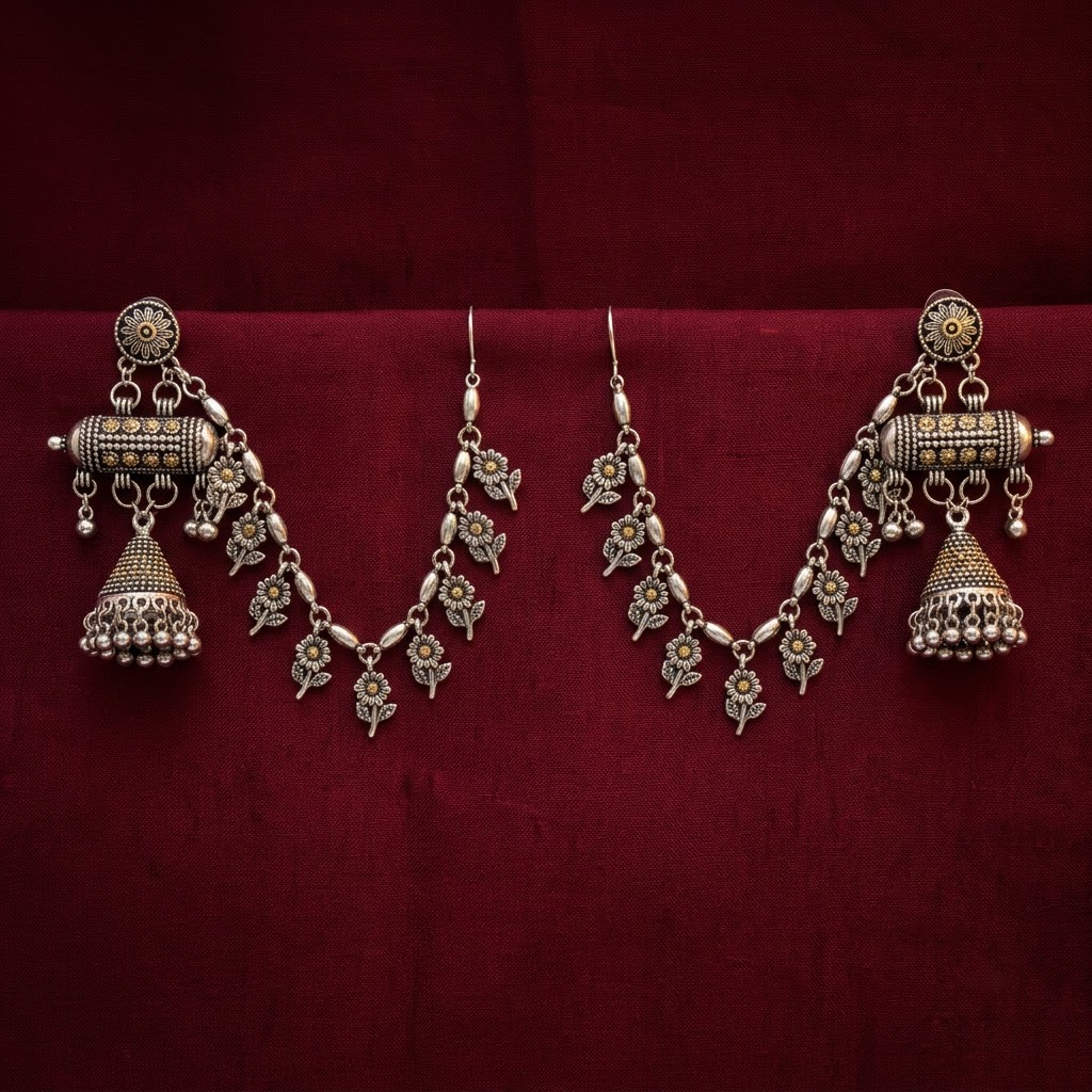 German Silver Two-Tone Jhumka Ear Chain Drop Earrings(Kanser) | Lady Zone