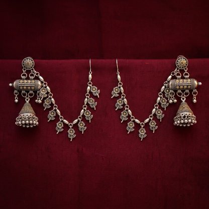 German Silver Two-Tone Jhumka Ear Chain Drop Earrings(Kanser) | Lady Zone