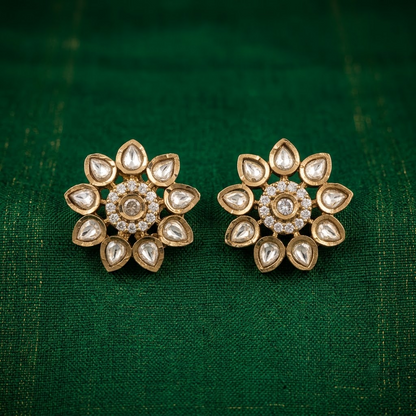 Gold-Tone Polki & Emerald Floral Cluster Stud Earrings | Lady Zone