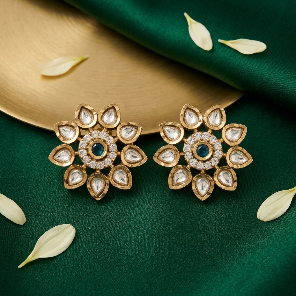 Gold-Tone Polki & Emerald Floral Cluster Stud Earrings | Lady Zone