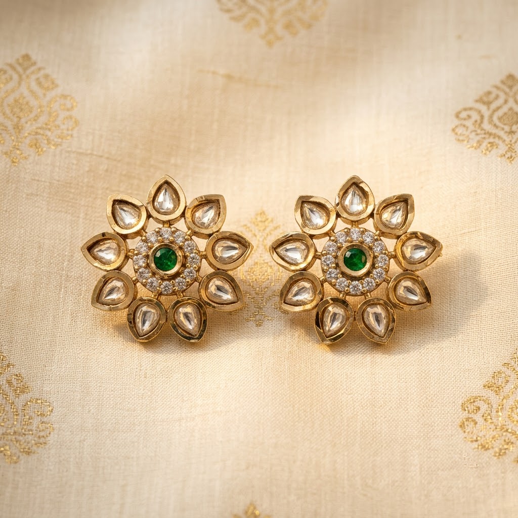 Gold-Tone Polki & Emerald Floral Cluster Stud Earrings | Lady Zone