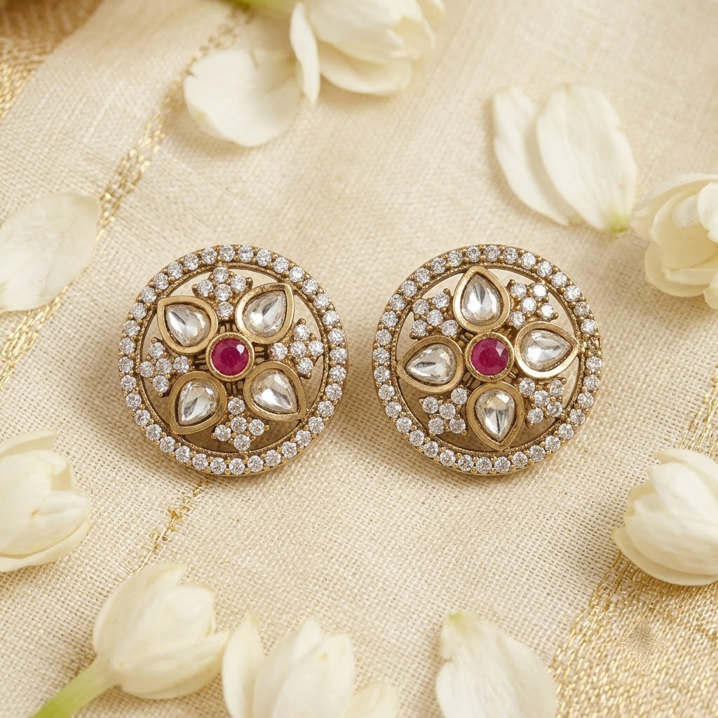 Gold-Tone Polki & Ruby Floral Stud Earrings | Lady Zone