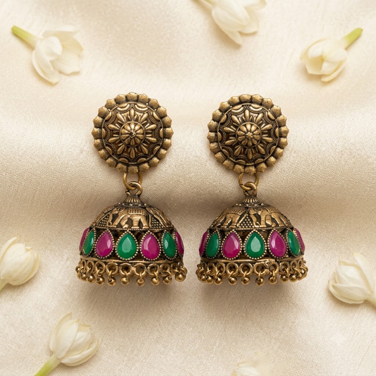 Oxidized Antique Finish Elephant Motif Teardrop Jhumkas | Lady Zone