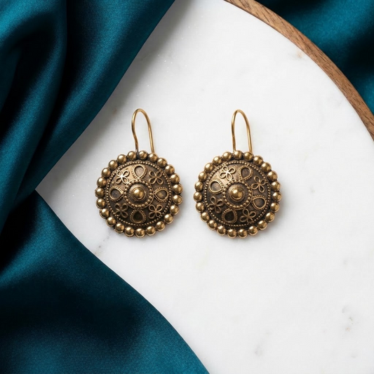 Oxidized Antique Finish Medallion Hook Earrings | Lady Zone