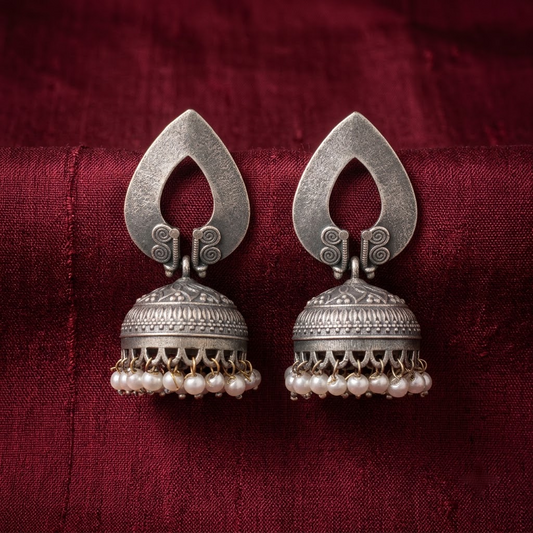 German Silver Teardrop Pearl Fringe Jhumkas | Lady Zone