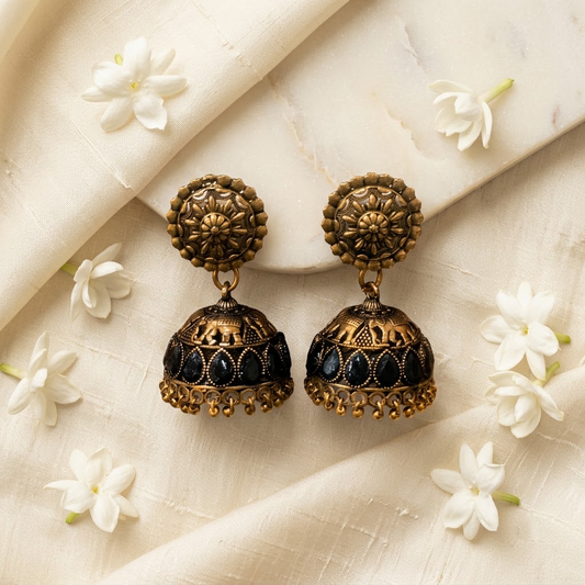 Oxidized Antique Finish Elephant Motif Teardrop Jhumkas | Lady Zone