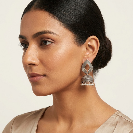 German Silver Teardrop Pearl Fringe Jhumkas | Lady Zone