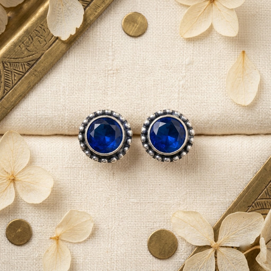 Oxidized Silver Beaded Solitaire Stud Earrings | Lady Zone