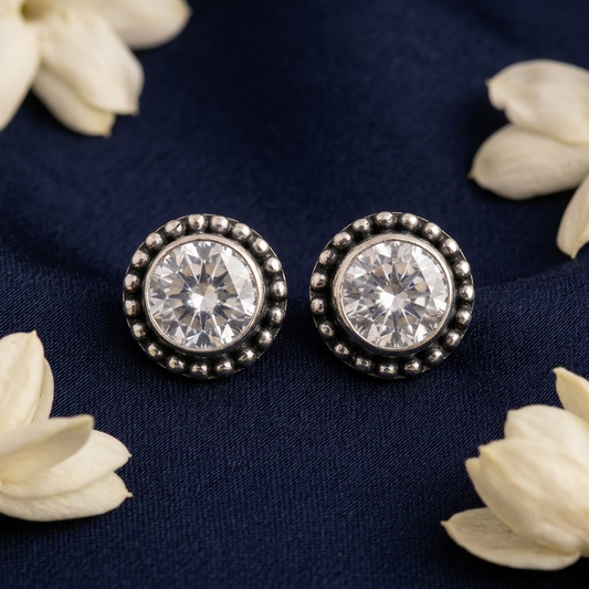 Oxidized Silver Beaded Solitaire Stud Earrings | Lady Zone